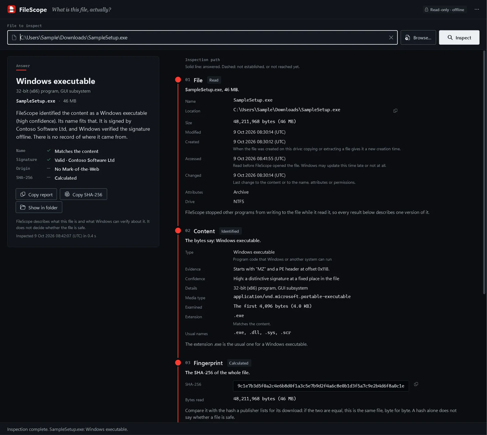 The FileScope window in the dark theme inspecting SampleSetup.exe. The name matches the content, the signature is valid from Contoso Software Ltd, there is no Mark-of-the-Web, and a note says FileScope describes the file but does not decide whether it is safe.