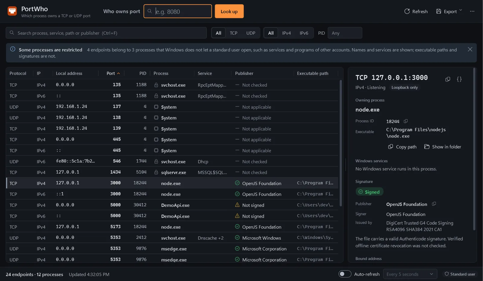 The same PortWho window in the dark theme, with the endpoint table and the details pane.