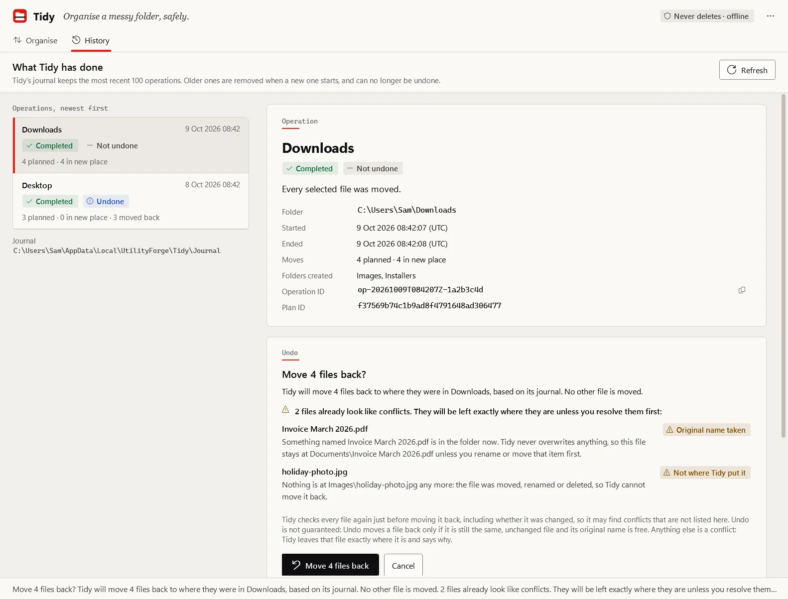 The Tidy History page showing a completed Downloads operation and its undo confirmation, which warns in advance that two files already look like conflicts, one because its original name is taken and one because it is no longer where Tidy put it.